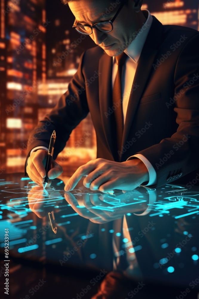 Poster A professional man in a suit using a tablet device to write and take notes. Suitable for business, technology, and communication concepts