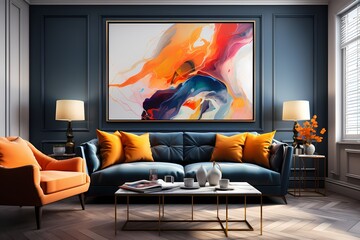 Abstract liquid canvas featuring a mesmerizing blend of midnight blue and fiery orange, creating a visually dynamic HD wallpaper