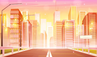 Modern city highway in lights of morning sunrise. Vector cartoon illustration of urban road perspective, office and housing skyscraper buildings, bright yellow sunlight flare in air, blank nameplate