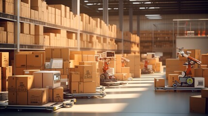 Distribution warehouse with cardboard boxes with high racks and pallets. Legal industrial warehouse concept. - obrazy, fototapety, plakaty