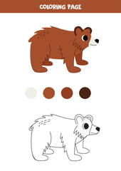 Color cute cartoon brown bear. Worksheet for kids.