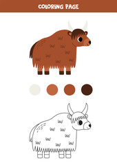 Color cute cartoon brown yak. Worksheet for kids.