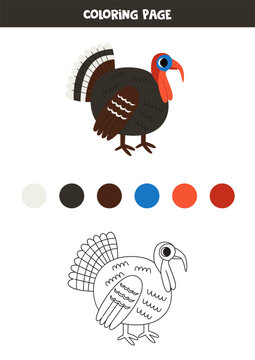 Color cute cartoon turkey bird. Worksheet for kids.