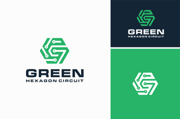 Hexagon Initial Letter G Green with Circuit Wire Link Connection Modern Futuristic Logo Design - obrazy, fototapety, plakaty