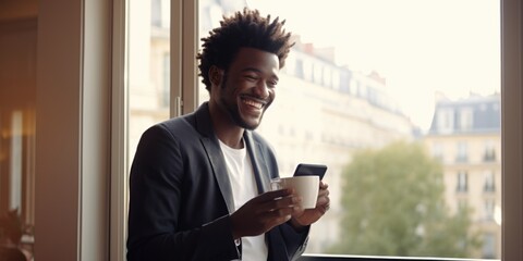 A man is seen holding a cup of coffee while gazing out of a window. This image can be used to depict a moment of relaxation or contemplation