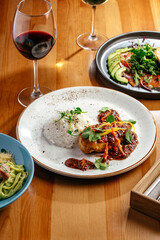 boiled rice with fried chicken in Asian style