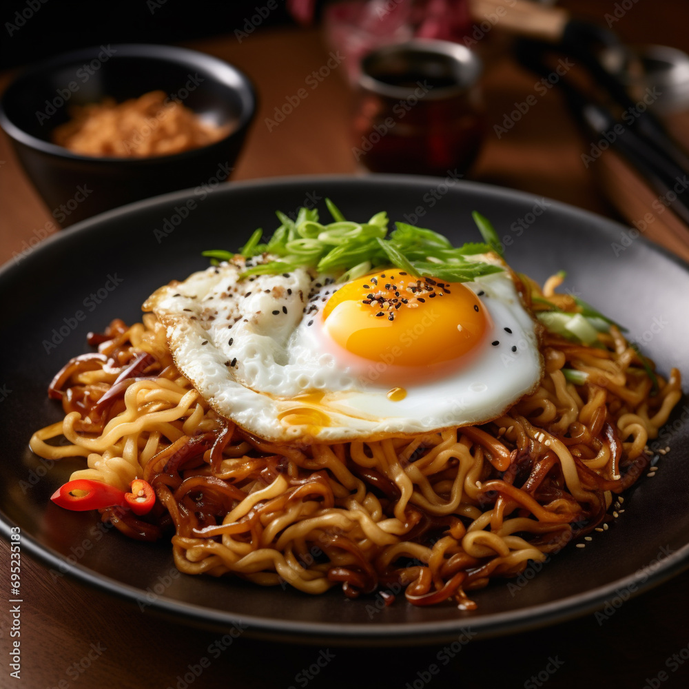 Poster Indonesian fried noodles served with fried eggs