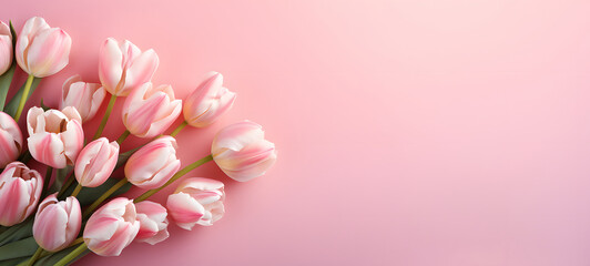 Beautiful composition spring flowers. Bouquet of pink tulips flowers on pastel pink background. - obrazy, fototapety, plakaty