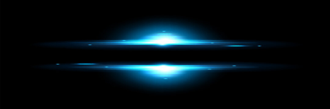 Blue light flash lines isolated on black background. Vector realistic illustration of horizontal energy blast strip, space explosion glare effect, bright shine on horizon, magic power burst fading