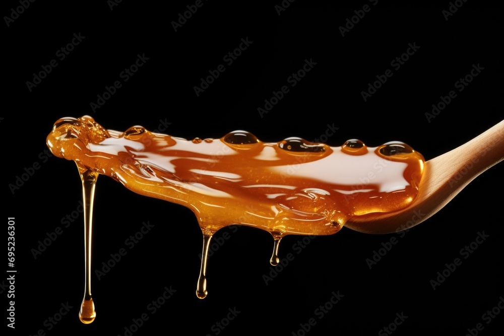 Poster a close-up image of honey dripping from a spoon. perfect for food and cooking-related projects
