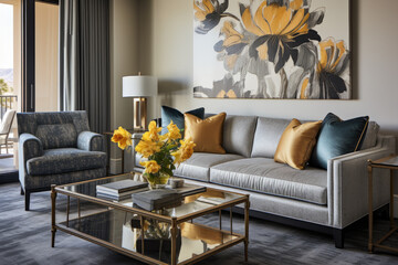 A hotel suite living area with a plush sofa, an elegant coffee table, and tasteful art on the walls
