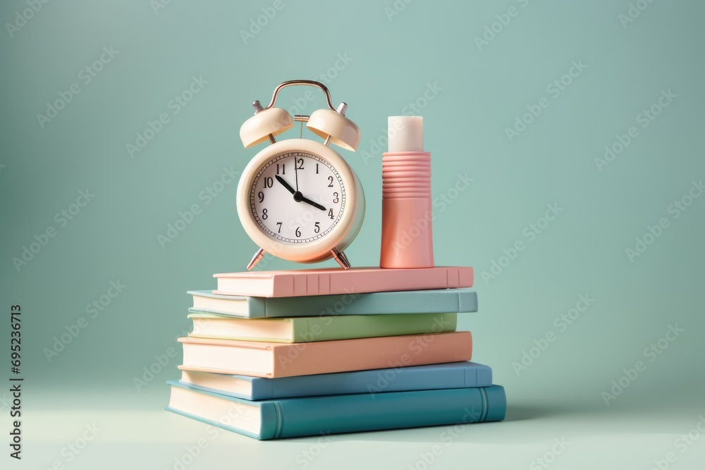 Poster A clock sitting on top of a stack of books. Suitable for illustrating time management or the concept of knowledge