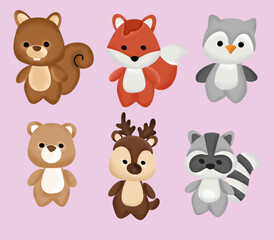 cute animal illustration, deer, penguin, squirrel, fox, bear