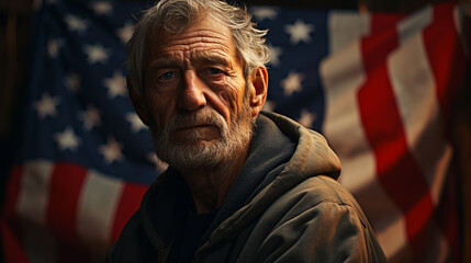 Obraz premium Elderly man in US flag background.