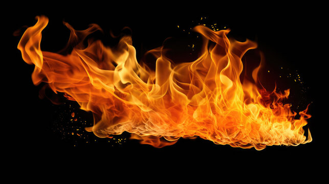 Close-up shot of a fire on a black background. This image can be used to depict warmth, energy, danger, or destruction. Ideal for projects related to fire, heat, power, or intensity