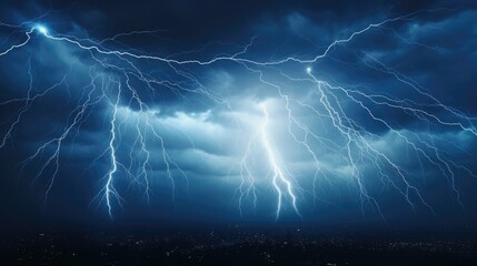 A powerful lightning storm illuminating the night sky over a city. Perfect for illustrating the intensity of a storm or showcasing the beauty of nature's power.