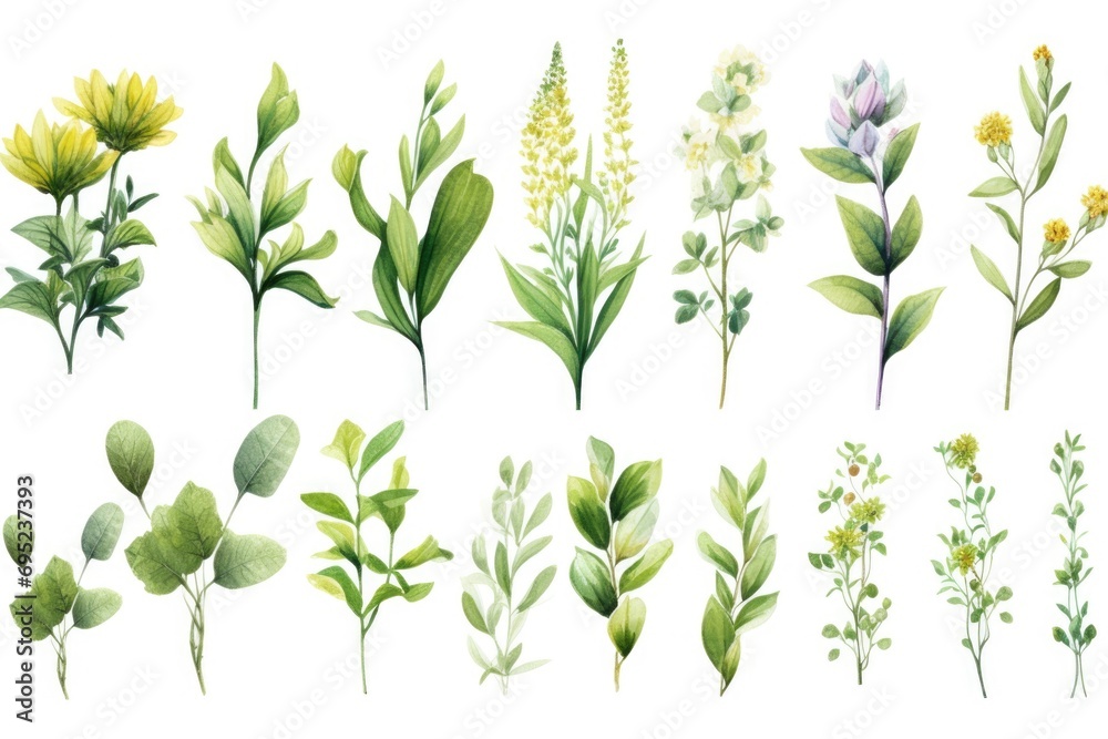 Poster A collection of different types of flowers and leaves. Suitable for various uses