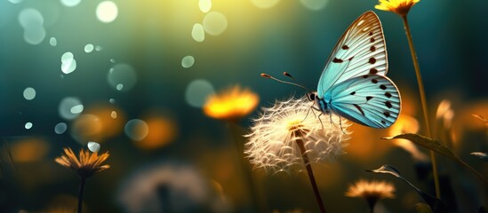 Illuminated butterfly and dandelion in soft focus.