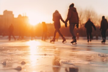 A group of people enjoying the winter season as they skate together on a frozen lake. Perfect for winter sports or outdoor activities promotions