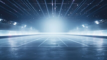 An empty tennis court illuminated by lights and spotlights. Perfect for sports-related designs and concepts