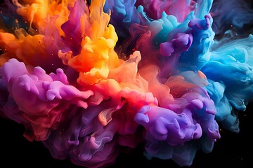 An abstract texture resembling a vibrant explosion of liquid colors frozen in time against a dark background - obrazy, fototapety, plakaty