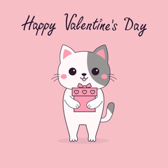 Happy Valentines Day. White cat kitten kitty holding heart gift box. Funny head face. Contour line doodle. Cute cartoon kawaii animal character. Flat design. Love card. Pink background. Isolated.