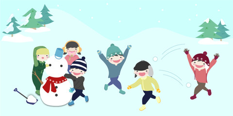雪合戦や雪だるまを作って雪遊びをする子供たち