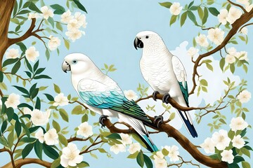 white and multicolor large parrot in the green garden sitting in the green branches in the green forest white parrot abstract background 