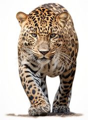 The image created visualizes a majestic leopard against a white background, capturing its elegance and predatory nature in a portrait-style pose