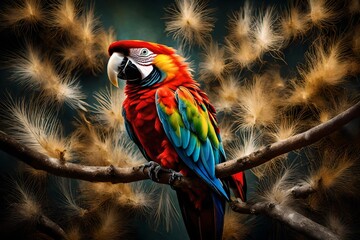white and multicolor large parrot in the green garden sitting in the green branches in the green forest white parrot abstract background 