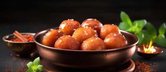 Indian festival sweets like gulab jamun are commonly eaten during Diwali, Dussehra, Deepavali, Pongal, Durga Pooja, Holi, Ganesh Chaturthi, Navratri, and Bengali festivals in Delhi. - obrazy, fototapety, plakaty