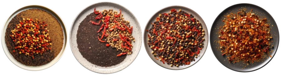 Schilderijen op glas top view of a plate filled with Szechuan Pepper spice © Farantsa
