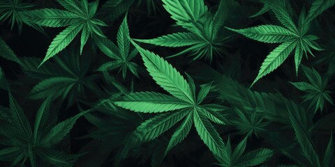 A close-up view of a bunch of marijuana leaves. This image can be used to illustrate cannabis cultivation, the marijuana industry, or the medicinal use of marijuana - obrazy, fototapety, plakaty