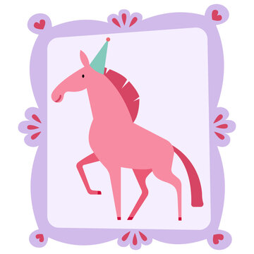 Horse with party hat picture frame flat illustration