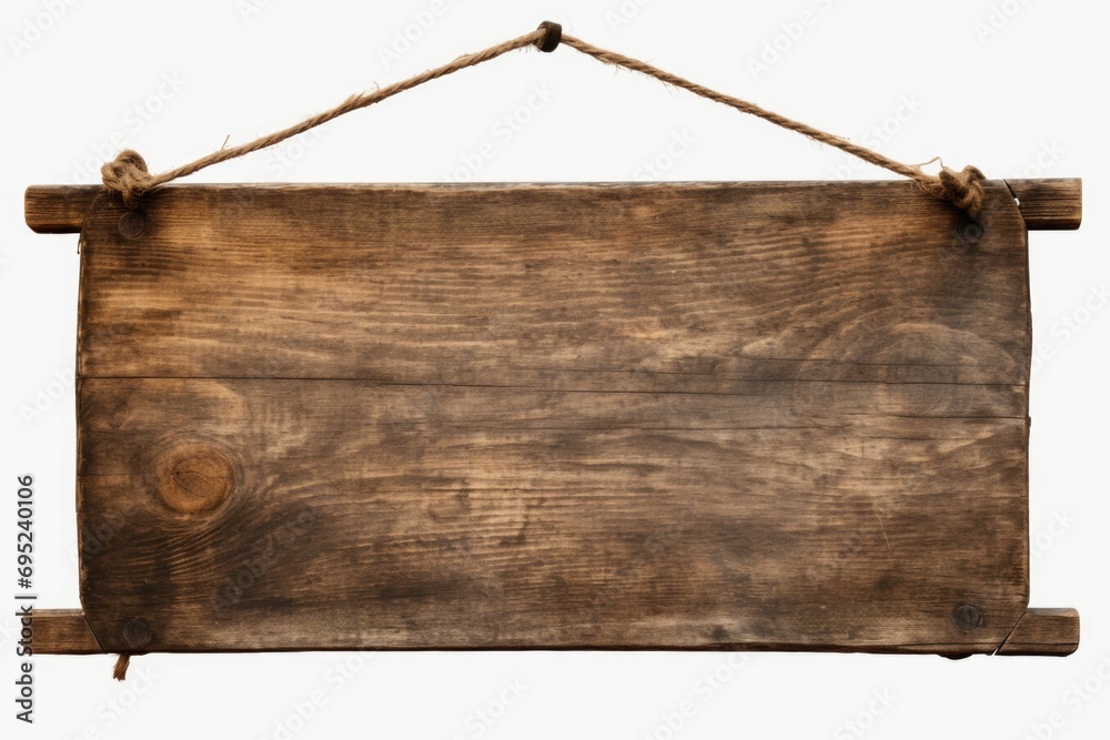 Poster A wooden sign hanging from a rope on a wall. Perfect for adding a rustic touch to any space