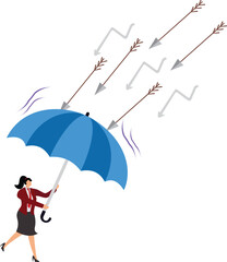 Businesswoman with umbrella protect arrows rain falling