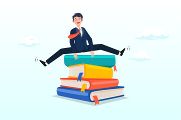 Smart businessman jump over high books stack, education or knowledge, challenge to read books or study new skill, wisdom or intelligence for career opportunity (Vector) - obrazy, fototapety, plakaty
