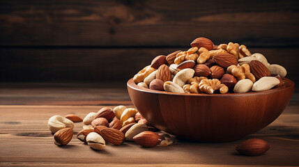 Nut Medley: Almonds, Hazelnuts, and Cashews in a Wooden Bowl