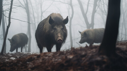 wild boars in winter nature, wild nature