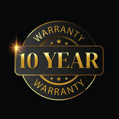 10 year warranty logo with golden shield and golden ribbon.Vector illustration. - obrazy, fototapety, plakaty