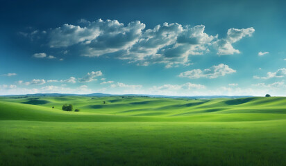 Beautiful view of green field and cloudy blue sky. Spring or summer nature green meadow landscape