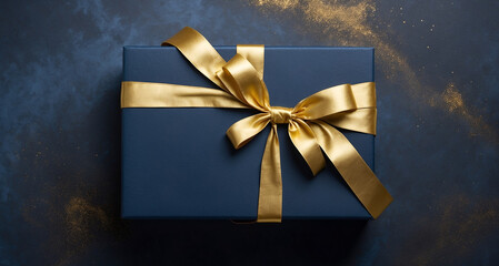 Dark blue gift box with shiny gold ribbon. Top view, dark blue grunge background with gold glitter effect
