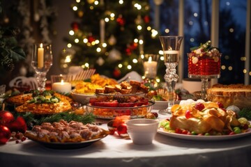 Fototapeta na wymiar A table filled with plates of food next to a Christmas tree. Perfect for holiday gatherings and festive celebrations