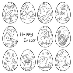 Easter eggs collection. Design elements isolated on white background or page of children's coloring book.