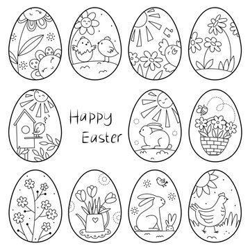 Easter eggs collection. Design elements isolated on white background or page of children's coloring book.