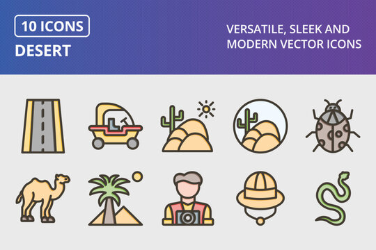 Desert Thick Line Filled Colors Icons Set