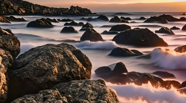 rocks on the ocean Generative AI. Virtual video scene animated background