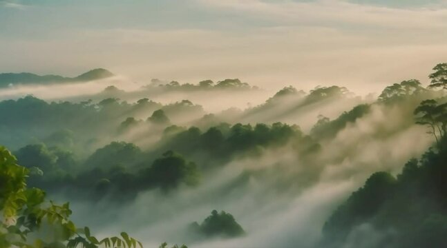 A foggy landscape in the jungle (2) Generative AI. Virtual video scene animated background