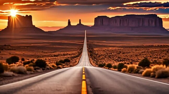 Photo desert road leading to monument valley at sunset Generative AI. Virtual video scene animated background