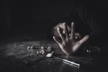  The concept of people addicted to drugs and against the use of illegal drugs. Drugs addiction and...